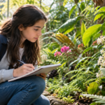 Student observing plants and taking notes during an outdoor learning activity