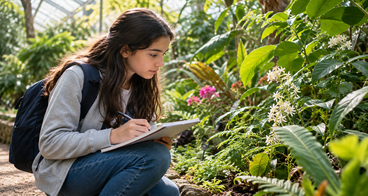 Student observing plants and taking notes during an outdoor learning activity
