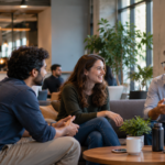 A newcomer standing apart from a group in conversation, illustrating the unspoken social rules that influence belonging.