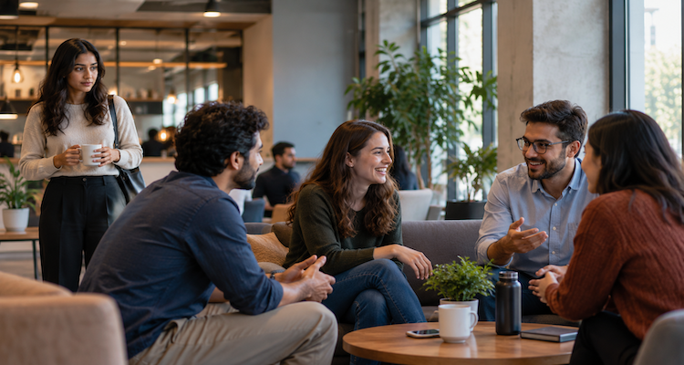 A newcomer standing apart from a group in conversation, illustrating the unspoken social rules that influence belonging.