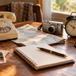 Vintage landline telephone, paper map, digital camera, alarm clock, notebook and smartphone arranged on a wooden table in warm natural light, representing everyday objects across generations.