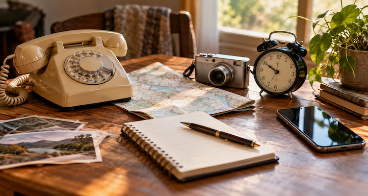 Vintage landline telephone, paper map, digital camera, alarm clock, notebook and smartphone arranged on a wooden table in warm natural light, representing everyday objects across generations.