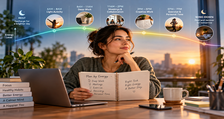 A person planning a daily schedule around concentration, energy levels, focused work and recovery.