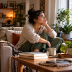 A calm, naturally lit living room with plants, books and a comfortable chair illustrating how a home environment can influence mood and behaviour.