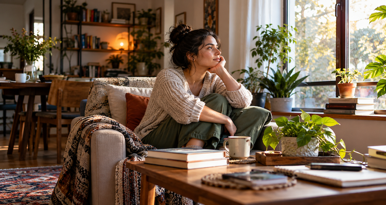 A calm, naturally lit living room with plants, books and a comfortable chair illustrating how a home environment can influence mood and behaviour.