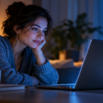 A woman thoughtfully interacting with an AI chatbot on her laptop in a softly lit room.