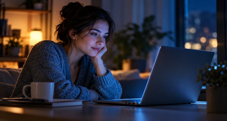 A woman thoughtfully interacting with an AI chatbot on her laptop in a softly lit room.