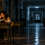 A person sitting calmly in an empty, dimly lit building, creating an unsettling contrast between ordinary behaviour and an unusual setting.