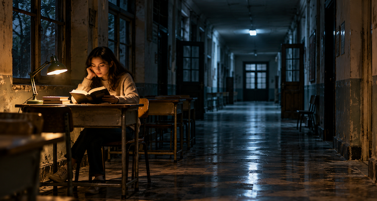 A person sitting calmly in an empty, dimly lit building, creating an unsettling contrast between ordinary behaviour and an unusual setting.