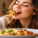 A person enjoying the first bite of a freshly prepared favourite meal, illustrating how anticipation and sensory perception influence food enjoyment.