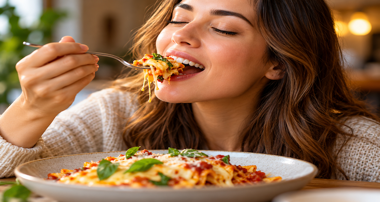 A person enjoying the first bite of a freshly prepared favourite meal, illustrating how anticipation and sensory perception influence food enjoyment.