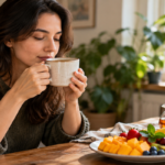 A woman mindfully enjoying a cup of tea beside fresh fruit in a sunlit kitchen, illustrating how attention influences flavour perception.