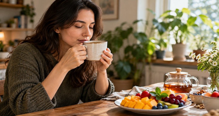 A woman mindfully enjoying a cup of tea beside fresh fruit in a sunlit kitchen, illustrating how attention influences flavour perception.