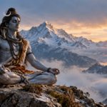 Lord Shiva meditating in silence on a Himalayan mountainside at sunrise, surrounded by misty snow-covered peaks, with a trident and damaru beside him.