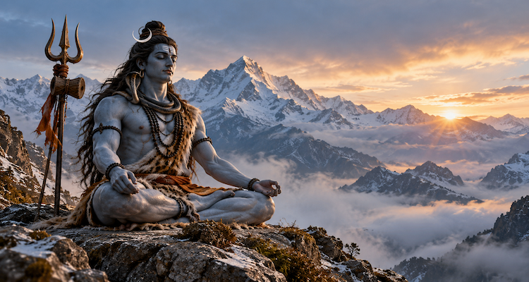 Lord Shiva meditating in silence on a Himalayan mountainside at sunrise, surrounded by misty snow-covered peaks, with a trident and damaru beside him.
