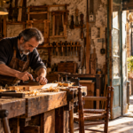 Traditional craftsperson working with hand tools inside a small neighbourhood workshop, surrounded by wooden furniture and equipment.