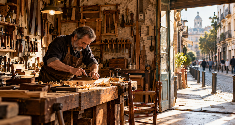 Traditional craftsperson working with hand tools inside a small neighbourhood workshop, surrounded by wooden furniture and equipment.