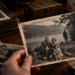 An aged black-and-white family photograph beside a mountain lake reveals a mysterious figure standing near the distant tree line.
