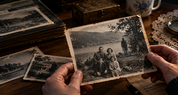 An aged black-and-white family photograph beside a mountain lake reveals a mysterious figure standing near the distant tree line.