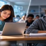 Students using AI and digital learning tools while developing critical thinking skills in a modern classroom
