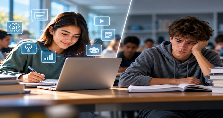 Students using AI and digital learning tools while developing critical thinking skills in a modern classroom