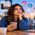 Person managing their digital identity across social media platforms while considering online visibility and audience