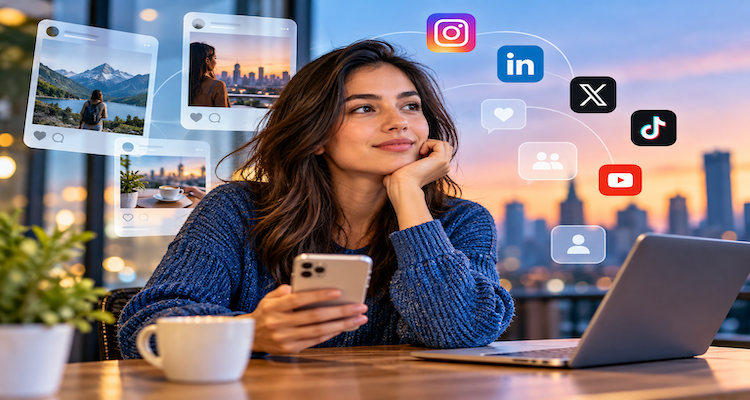 Person managing their digital identity across social media platforms while considering online visibility and audience