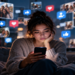 Person surrounded by digital social media notifications yet feeling emotionally disconnected from others
