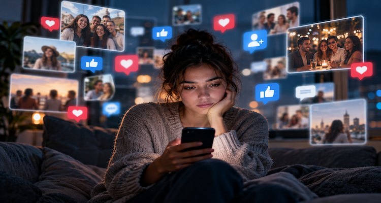 Person surrounded by digital social media notifications yet feeling emotionally disconnected from others
