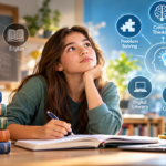 Students working across mathematics, science, literature and AI technology in a modern classroom