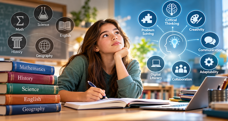 Students working across mathematics, science, literature and AI technology in a modern classroom
