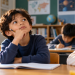 A curious schoolboy looking thoughtfully upward while classmates write in their notebooks in a classroom.