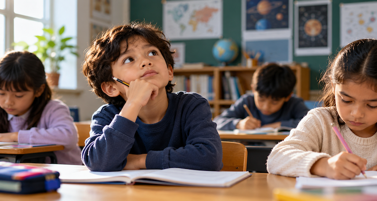 A curious schoolboy looking thoughtfully upward while classmates write in their notebooks in a classroom.