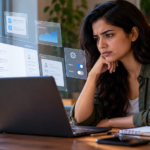 A concerned user examines a laptop surrounded by changing software interfaces and settings.