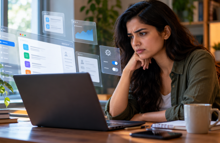 A concerned user examines a laptop surrounded by changing software interfaces and settings.