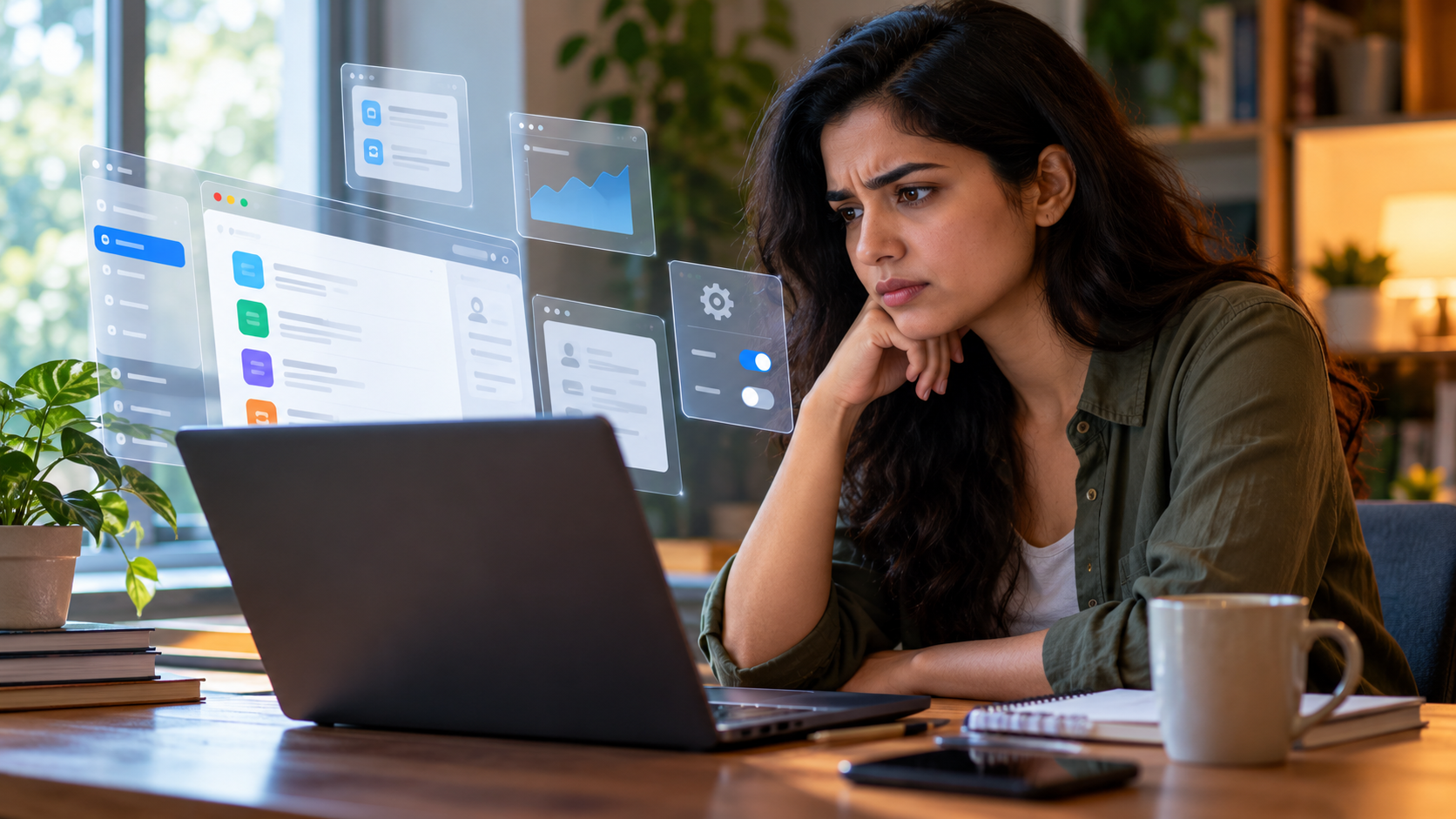 A concerned user examines a laptop surrounded by changing software interfaces and settings.