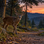 A deer cautiously emerging onto a deserted woodland trail at dusk as human activity fades, illustrating changes in wildlife behaviour.