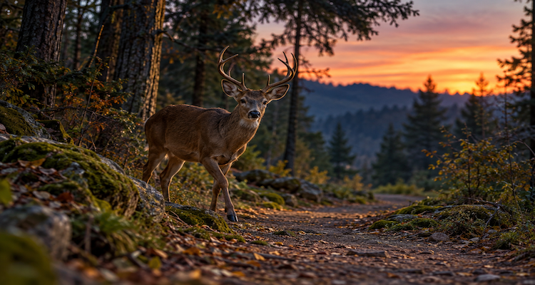 A deer cautiously emerging onto a deserted woodland trail at dusk as human activity fades, illustrating changes in wildlife behaviour.
