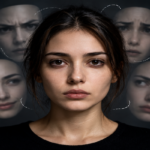 A woman with an unreadable expression surrounded by faded faces showing different emotions, illustrating why ambiguous facial expressions can feel creepy.
