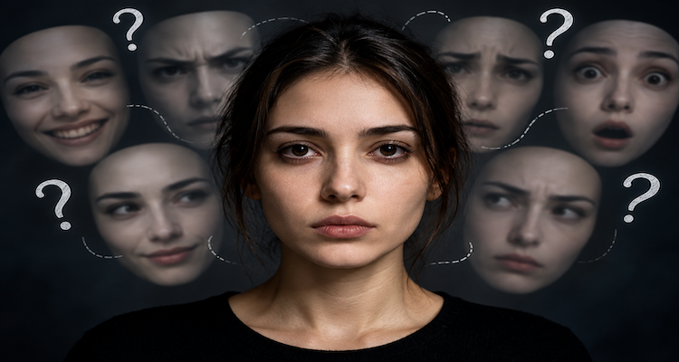 A woman with an unreadable expression surrounded by faded faces showing different emotions, illustrating why ambiguous facial expressions can feel creepy.
