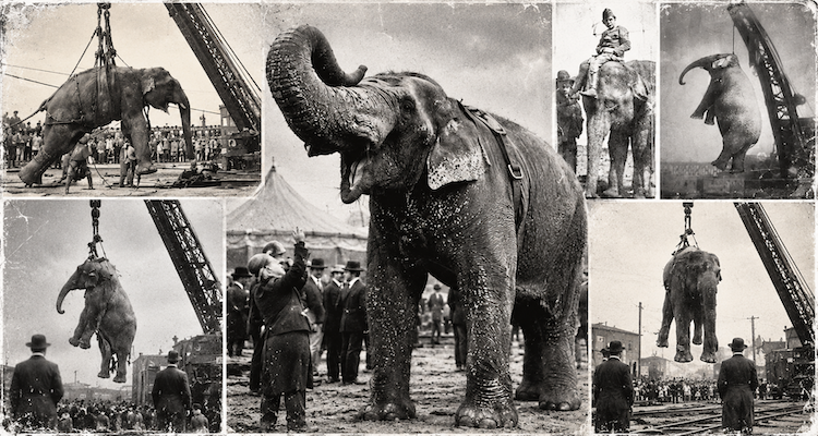 AI-generated vintage-style collage illustrating Mary the Elephant, circus handlers, and the 1916 Tennessee railroad-yard incident.