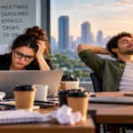 Professional worker facing a crowded digital calendar and notifications while protecting time for focused work