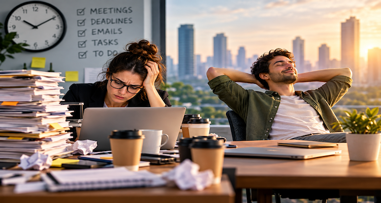 Professional worker facing a crowded digital calendar and notifications while protecting time for focused work