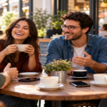 Friends talking together at a café while phones are set aside, representing the value of ordinary social connection.