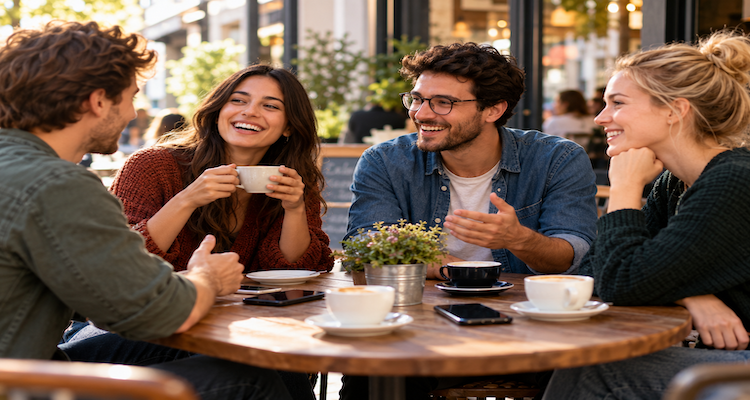 Friends talking together at a café while phones are set aside, representing the value of ordinary social connection.
