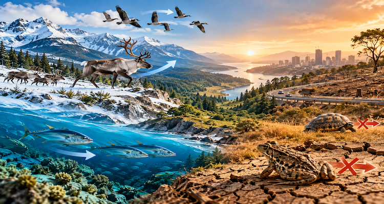Wildlife and plant species moving through fragmented landscapes as climate zones shift