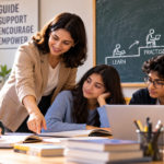 Teacher guiding students as they work independently in a classroom, illustrating the shift from direct instruction to supported learning.