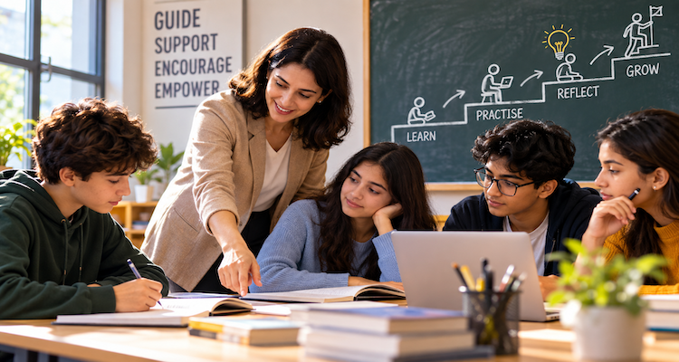Teacher guiding students as they work independently in a classroom, illustrating the shift from direct instruction to supported learning.
