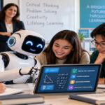 Students learning with an AI tutor while a teacher guides a technology-supported classroom