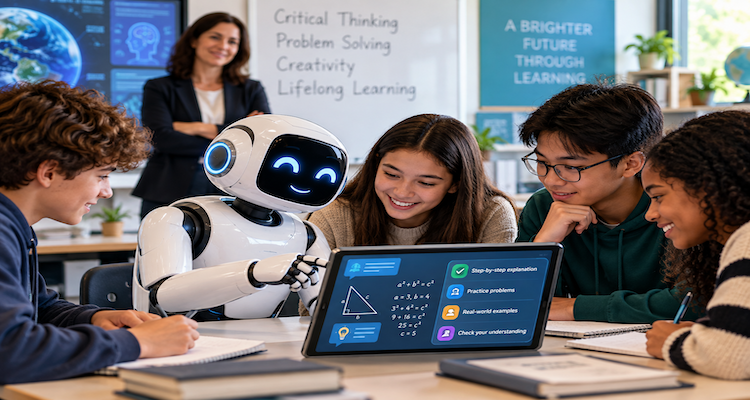 Students learning with an AI tutor while a teacher guides a technology-supported classroom